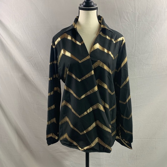 Chevron Print Lantern Sleeve Shirt Black - Picture 6 of 9